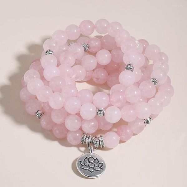 Strand OAIITE Cuentas de piedra natural Pulsera de cuarzo rosa para mujer 108 Mala Yoga Budismo Collar de rosario Regalo de joyería de moda