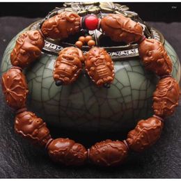Bracelet en pierre d'olivier sculpté à la main, Version feuille de Lotus, douze noyaux d'huile rouge du zodiaque, Animal sculpté à la main