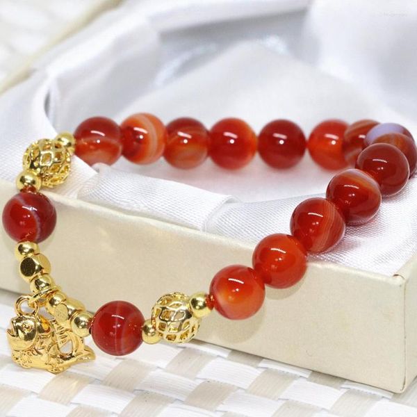 Brin Design Original naturel rouge Agats Onyx cornaline 8mm perles rondes Bracelets poisson pendentif fabrication de bijoux 7.5 pouces B2081