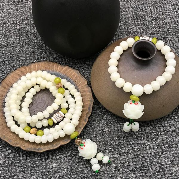 Pulsera de cuentas de raíz de Bodhi para mujer, diseño Original, blanco Natural, Lotus Mala, oración curativa, regalo de joyería