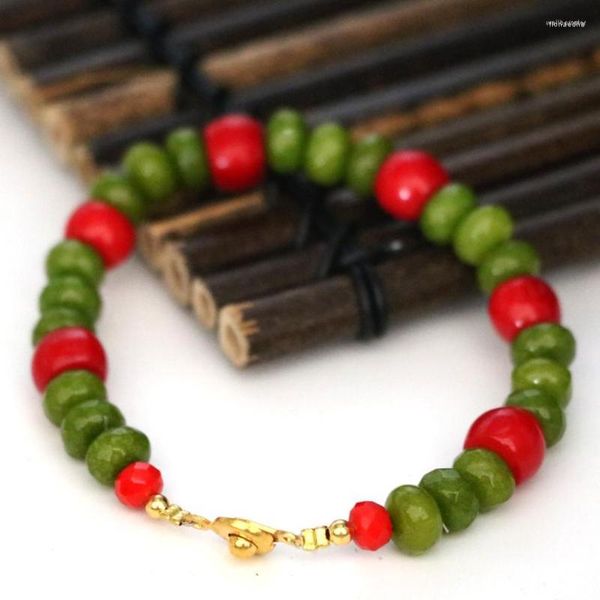 Strand Original Piedra Natural Rojo Coral Verde Calcedonia Jades Abacus Beads 5 8mm Mujeres Pulseras Regalos Joyería Elegante 7.5 pulgadas B2961