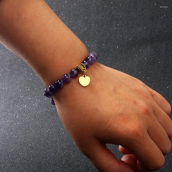 Pulseras originales de Reiki con corazón de amatista para mujer, colgante de acero inoxidable de Color dorado, joyería para parejas de piedras naturales