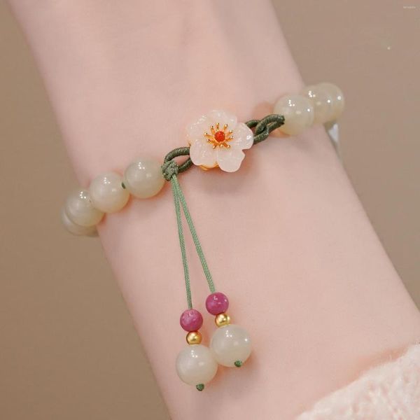 Strand Peach Flower Jade Bracelets Pour Femmes Filles Mode Chinoise Ancienne Agate Rouge Perles Bracelet À Breloques Tissé Main Corde Bijoux Cadeau