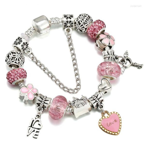 Strand Pink Heart Jewelry Sweet Glass Diy Beads Pulsera original Chica Alfabeto Clave Accesorios de moda Regalo