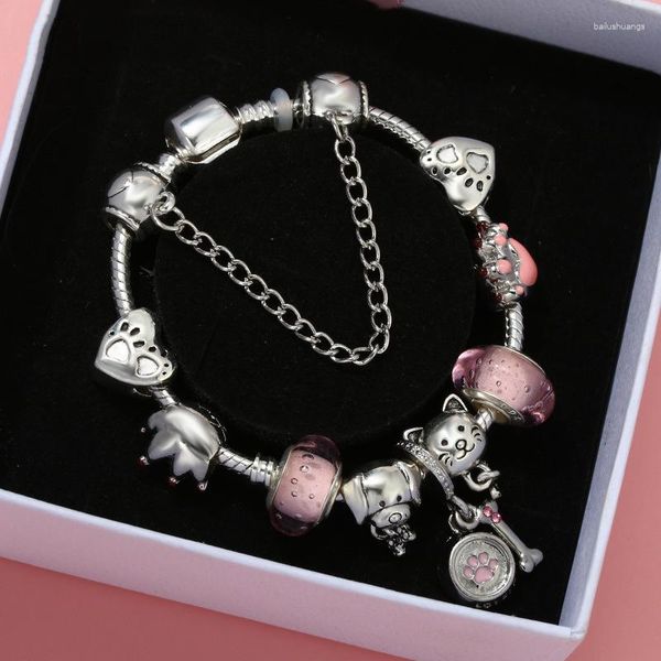 Hebra de joyería de gatito rosa, cuentas de cristal Diy, pulsera Original para niña, accesorios de moda con forma de corazón, regalo