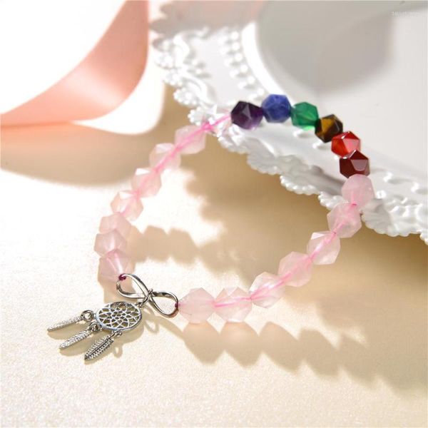 Strand Pink Rose Powder Crystal Cuarzo Piedra natural 8 mm Pulsera facetada Cordón elástico Brazalete Joyería Cuentas Amantes Mujer 7.5 pulgadas Y955