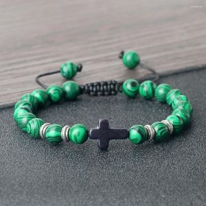Bracelet tressé en croix de prière pour hommes et femmes, perles de Malachite, ajustable, bijoux pour Couple, cadeau pour ami