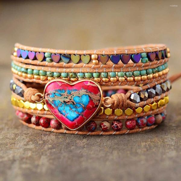 Bracelets d'enveloppement en cuir en forme de coeur classique de qualité supérieure avec mélange de perles de Jaspers en pierre Bracelet Bijoux livraison directe