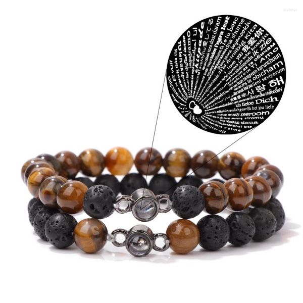 Strand Projection Bracelet Couples Pierre Naturelle Oeil De Tigre Perles Bracelets 100 Langues Je T'aime Po Bracelets Bijoux Pour Femmes Hommes