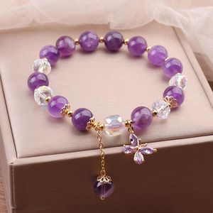 Bracelet en cristal en cristal violet à brin pour femmes Couleur or de la chaîne métallique Perles transparentes Perles à main faites à la main avec pendentif papillon