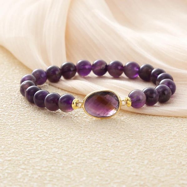 Pulseras elásticas de piedras naturales moradas con hebra, joyería elegante facetada para mujer