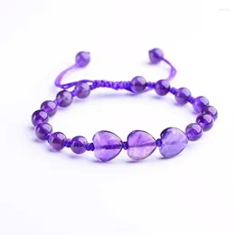 Bracelets en cristal naturel rose violet à brin tissage de 8 mm rond avec des perles de coeur bracelet chanceux pour femmes bijoux de mode romantique