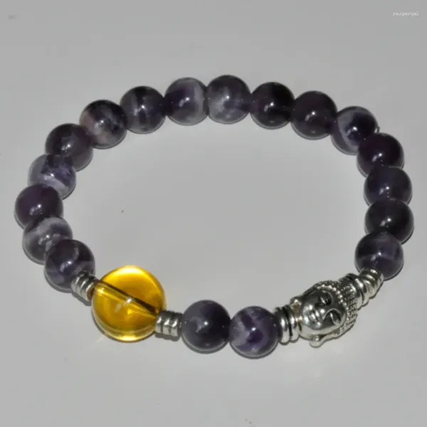 Bracelets en pierre de Quartz violet, Bracelet jaune, prière, Yoga, perles Mala, méditation bouddhiste tibétain