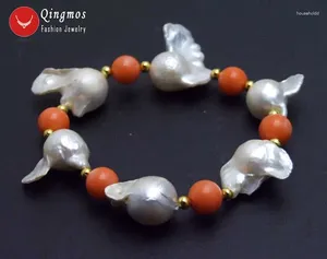 Brin Qingmos 15-25mm Baroque nucléaire naturel blanc perle Bracelet pour femmes bijoux avec 9-10mm corail rose 7.5''