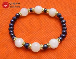 Strand Qingmos Fashion Pearl -armband voor vrouwen met 6 mm zwart -wit 12 mm Moonstone Stone 7.5 '' sieraden 416 kralen strengen