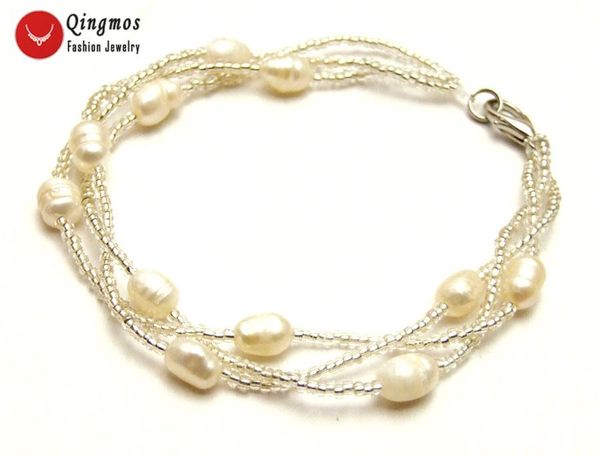 Strand Qingmos Bracelet de perles naturelles pour femmes avec 5-6mm blanc riz cristal travail manuel armure 3 brins bijoux Bra431 perlé