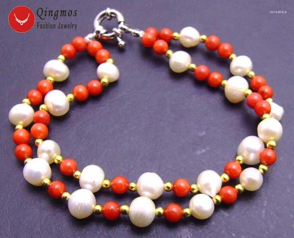 Strand Qingmos Bracelet rond en perles blanches d'eau douce naturelles de 6 mm pour femme avec corail rouge de 5 mm 2 brins 7,5