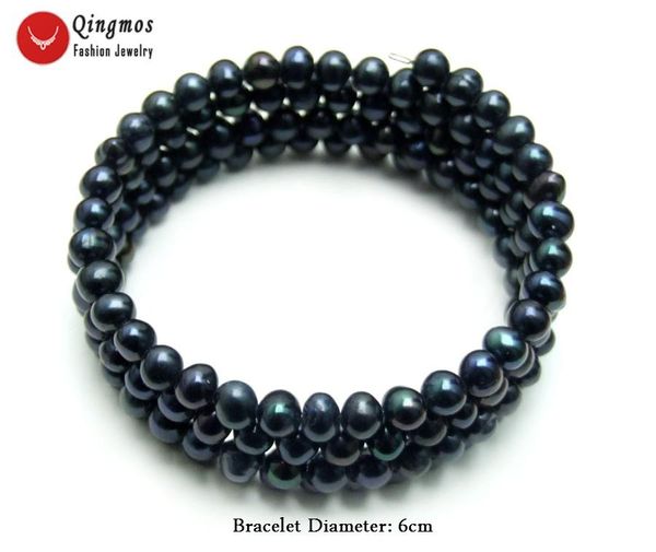 Strand Qingmos, pulseras de perlas negras naturales de moda para mujeres con pulsera de alambre de acero redondo de 4-5mm, joyería fina, Bra446 de 28 pulgadas con cuentas