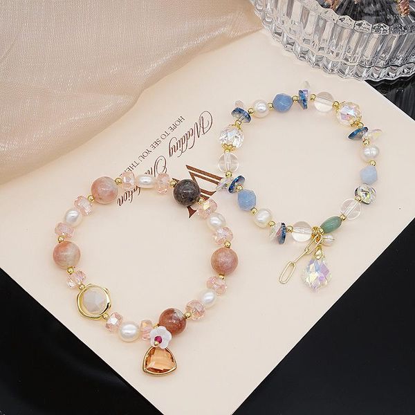 Hebra de mineral crudo Jade pulsera de cristal rosa aguamarina agua dulce perla brazalete cadena ajustable elástico mujeres chica regalo cuentas