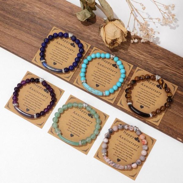 Pulsera de aniversario con colgante rectangular de hilo con tarjeta, amatistas de malaquita, cuentas de corazón de Color plateado, regalo elástico para mujer