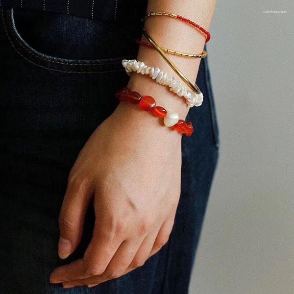 Hebra de ágata roja cornalina piedra pulsera con cuentas para mujer perla barroca verano playa joyería Natural