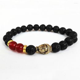 Brin de bijoux au détail, perles en pierre de lave de 8mm et Nature rouge avec bouddha en or Antique, Bracelets de Yoga pour hommes