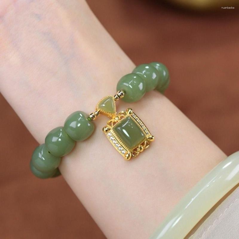 Strand Retro Gold Color Square Pendant Round Jade Beaded Bracelet For Women Girls Exquisite Charm Hand Rings Jewelry Accessories Gift
