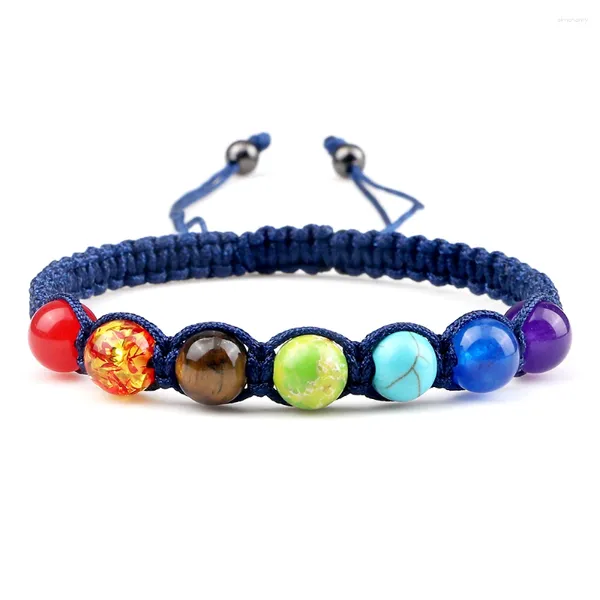 Bracelet de pierre naturelle rétro Strand Retro Men's Chakra Perles à corde élastique réglable Pendentif cadeau