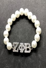 Strand Rhinestone ingelegde Griekse letter ZPB Metal Label Charm Zeta Phi Beta Sorority Society Sieraden Simulatie Pearl Beads Bracelet6463904