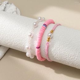 Streng rijst kralen armband parel verstelbare polymeer klei eenvoudige elastische kracht handbreien bohemie roze kralen