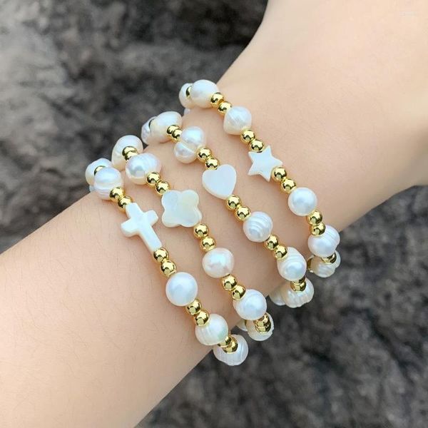 Pulsera de cuentas de arroz con hilo, Perla Retro tejida a mano, ajustable, Bohemia, corriente de marea, Cruz, forma de corazón, pentagrama con cuentas