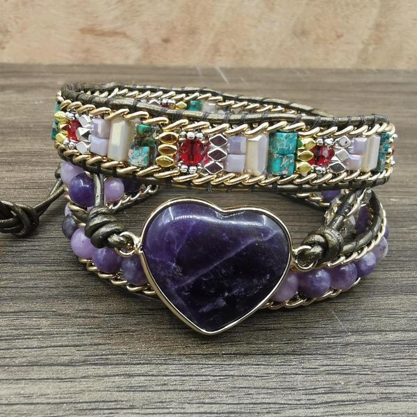 Bracelets d'enveloppement en cuir violet romantique brin améthystes coeur 3 brins bijoux faits à la main en gros