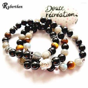 Strand Ruberthen 8 mm Tigres de turmalina negra ojo gris Labradorita Pulsera para mujeres Budas Budas Diseño de protección de energía Mala de muñeca Mala