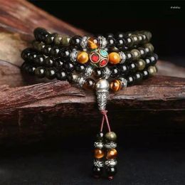 Strand Ruberthen diseño joyería de Buda 6 MM obsidiana dorada hecha a mano Yoga Mala Nepal budismo tibetano cuentas de energía Malas