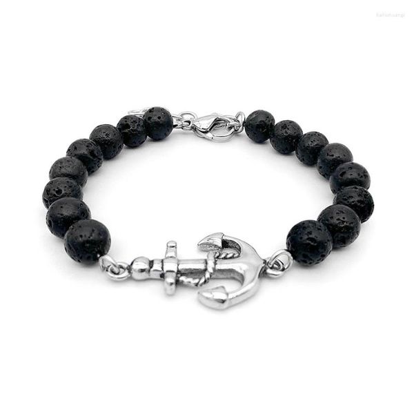 Strand Runda Bracelet homme pierre de lave noire avec ancre acier inoxydable taille réglable 22cm bijoux nautiques perle breloque