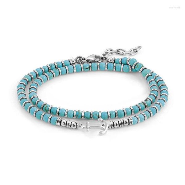 Strand Runda Bracelet Homme Perles Pierre Turquoise Avec Ancre Acier Inoxydable Taille Réglable 38cm Double Chaîne Charme Perle