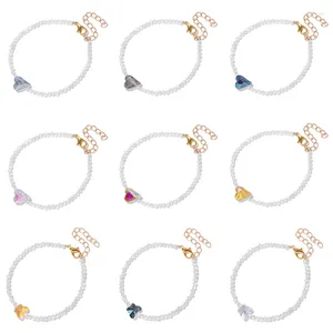 Bracelets de perles de cristal blanc brillant, multicolore, cœur, forme de papillon, breloque extensible, chaîne de couleur or pour femmes