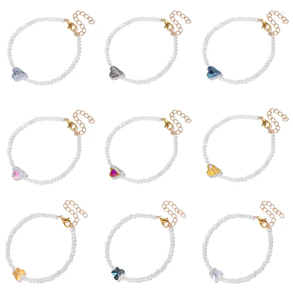 Bracelets de perles de cristal blanc brillant, multicolore, cœur, forme de papillon, breloque extensible, chaîne de couleur or pour femmes