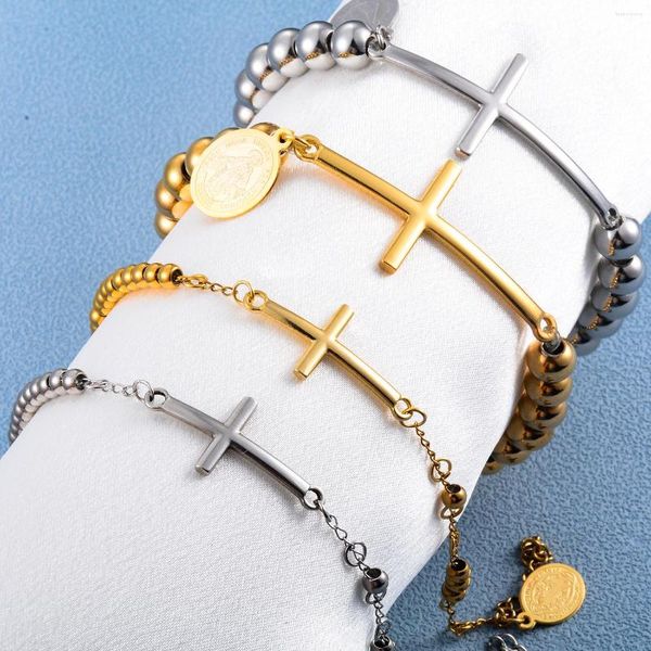 Bracelet de chaîne de perles de croix de croix religieuse argent et or