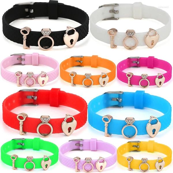 Hebra plateada con cerradura de llave Pulseras de malla de cuentas Pulsera de elasticidad de caucho de silicona Pulsera con dijes para mujer Joyería del día de San Valentín