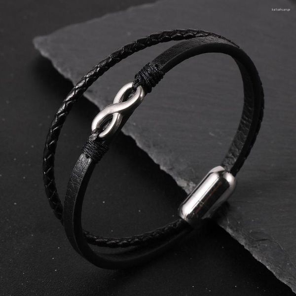 Strand Simple Design Hommes Tressé Bracelet En Cuir Véritable Bracelets 8 Noeud Tube En Acier Inoxydable Charme Fermoir Pulseiras Masculina Bijoux