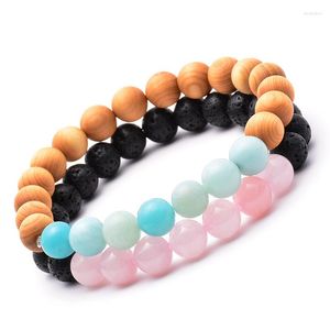 Strand Simple mode noir pierre de lave perles Bracelet hommes en bois roche volcanique Yoga Double unisexe bracelets à breloques bijoux quotidiens