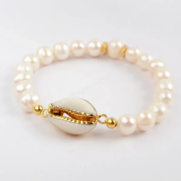 Bracelet de perles rondes simples, coquille de cauris blanche, perles d'eau douce naturelles, accessoires de bijoux pour femmes, cadeaux d'anniversaire