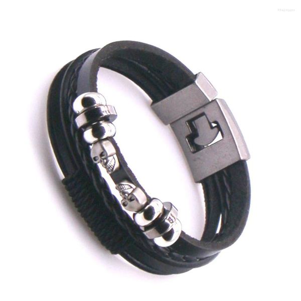 Bracelet en cuir tissé à la main noir, tête de fantôme, multicouche, facile à cocher, breloque pour garçon, Punk gothique, manchette décontractée, bijoux cadeau