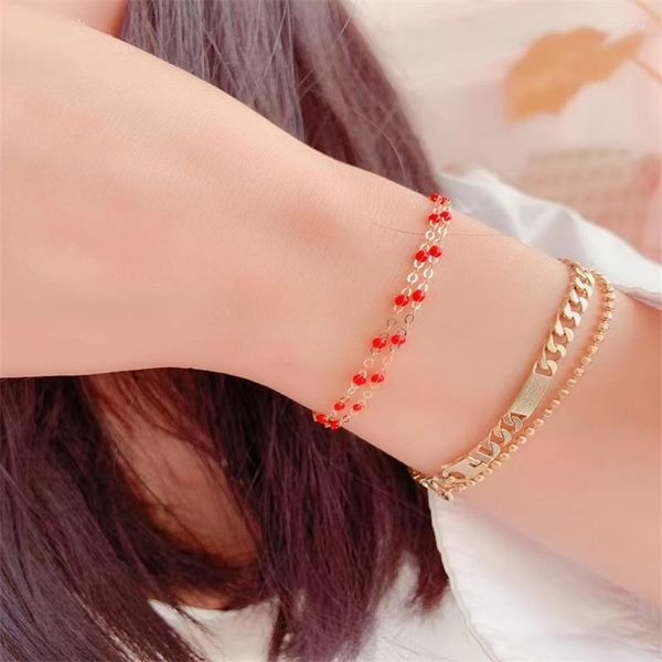 Strand Corea del Sur Dongdaemun Red Zircon Crystal Beaded Double Bracelet Gem Walking Shake Tassel Chain Lolita Jewelry