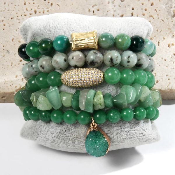 Strand Spring Fashion Bohemian Women's Jewelry 5pcs Natural Stone Glass Breded Bracelet Zircon Peanut Stack Set