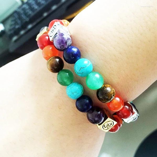 Pulsera de piedra de energía de yoga de la aleación cuadrada de strand siete pulso para hombres y mujeres Regalo de joyería de cuentas de 8 mm