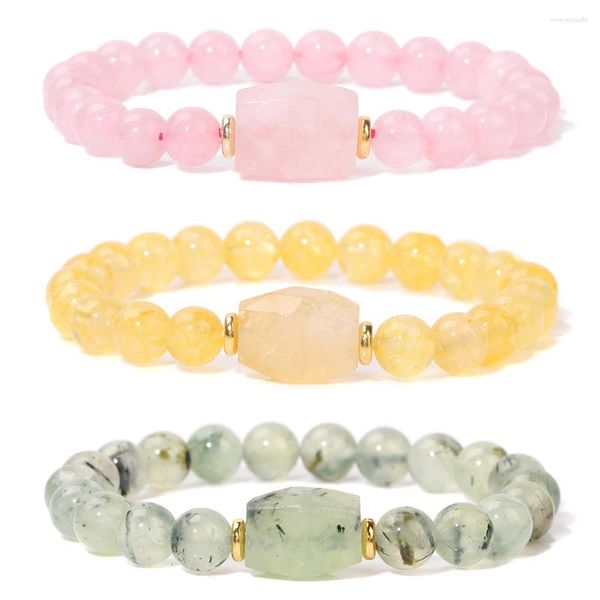 Bracelet à breloques en pierre carrée à brins, quartz Rose Citrines, perles extensibles de guérison, bracelets naturels Reiki pour femmes et hommes