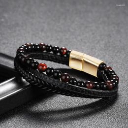 Bracelets à charme en acier inoxydable Strand pour hommes en cuir tressé nature Tiger Eyes Perles Bangle bracelet Punk Bijoux masculin