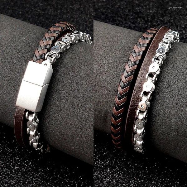 Pulseras de eslabones de cadena de acero inoxidable para hombre, brazalete de cuero trenzado, joyería Punk masculina